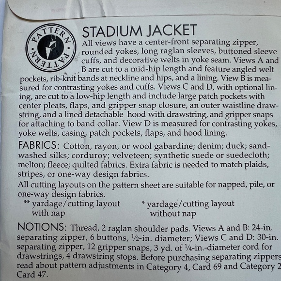 Sewing Step-by-Step Stadium Jacket Pattern Vintage Hood Pockets XS - XL Uncut - Picture 3 of 6